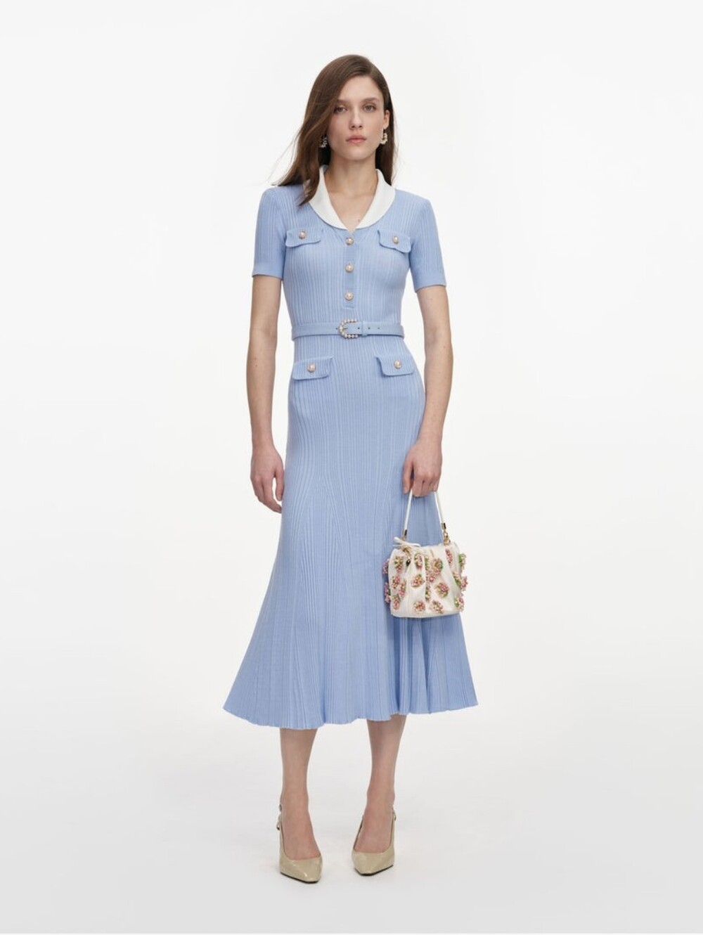 Self Portrait Blue Ribbed Knit Midi Dress